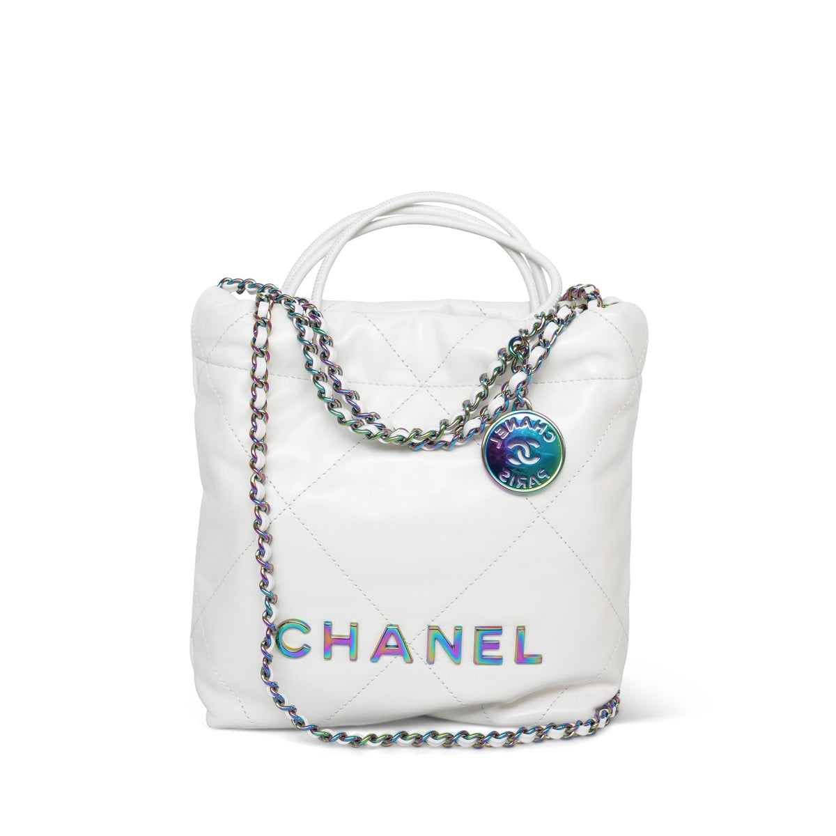 White Calfskin Quilted Mini 22 Bag Rainbow HW