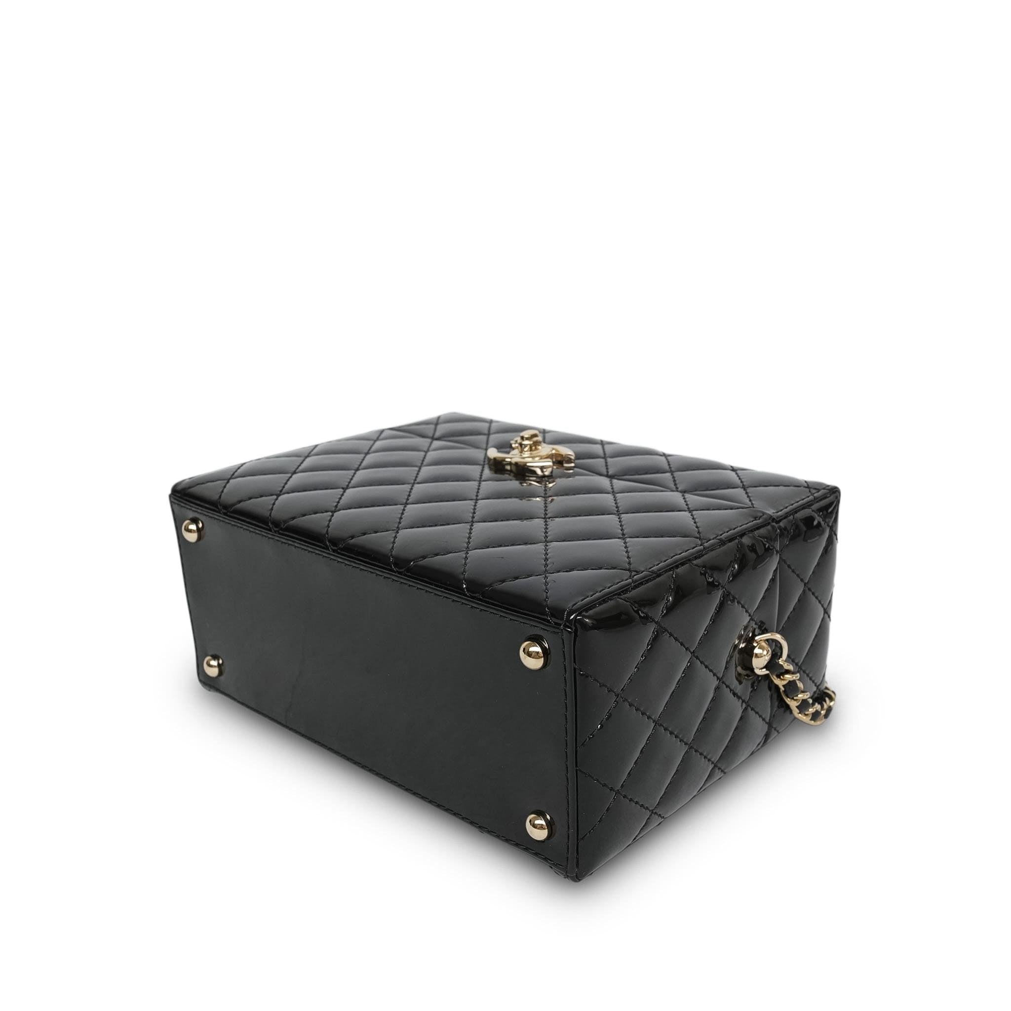 Black Patent Quilted Top Handle Box Vanity On Chain LGHW