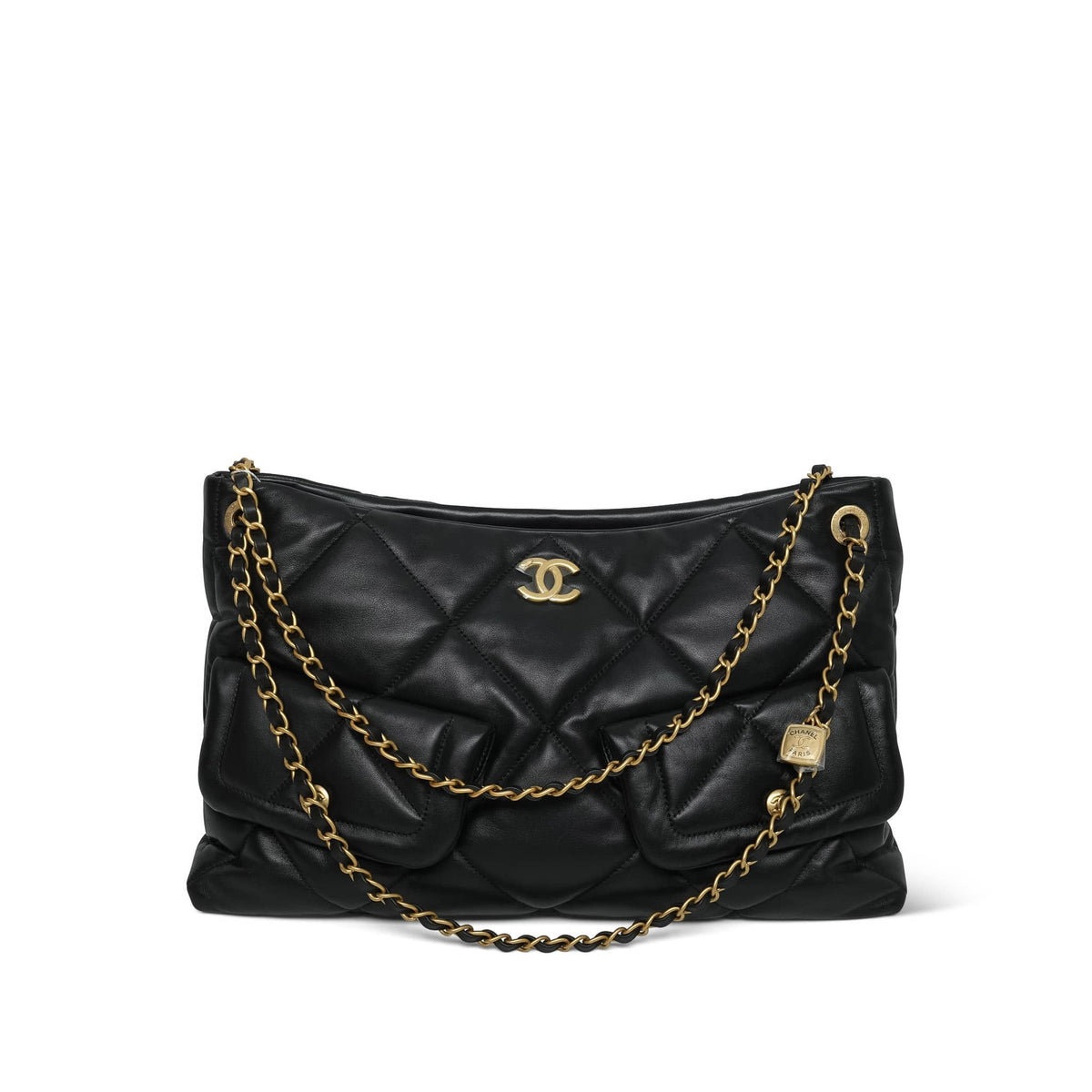 25K Black Lambskin Quilted Hobo Shopping Bag Large AGHW