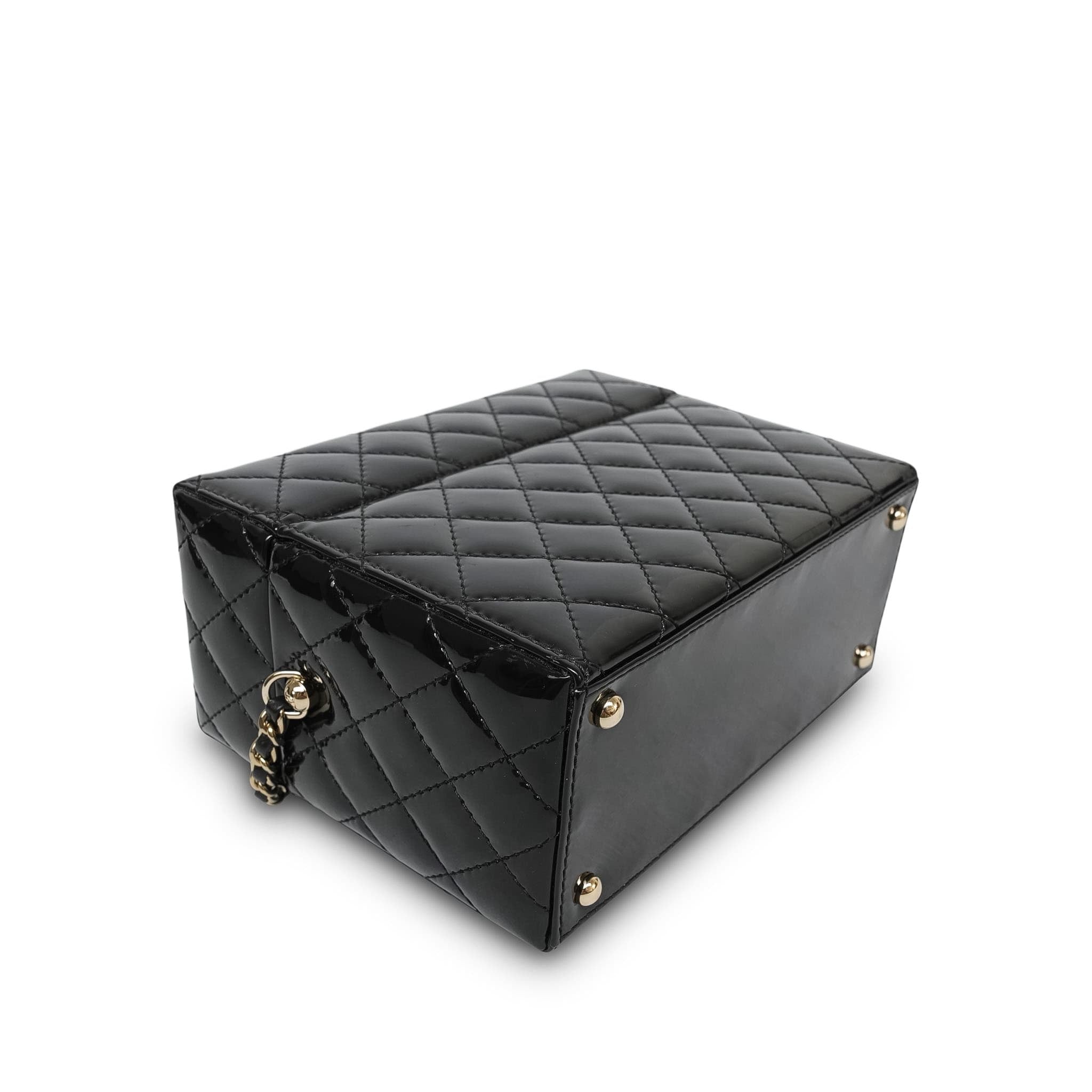 Black Patent Quilted Top Handle Box Vanity On Chain LGHW