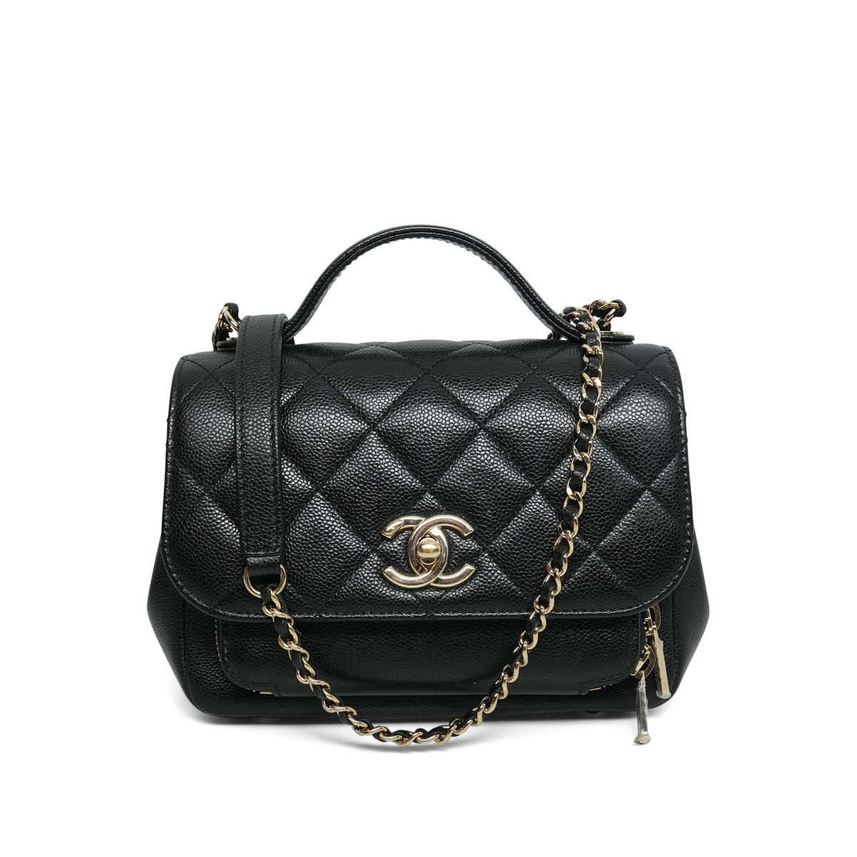 Black Caviar Quilted Business Affinity Flap Small Light Gold Hardware