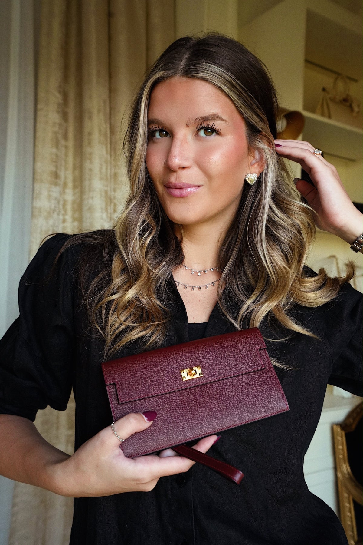 Kelly Pocket Long Wallet Rouge H Madame Gold Plated K Stamp