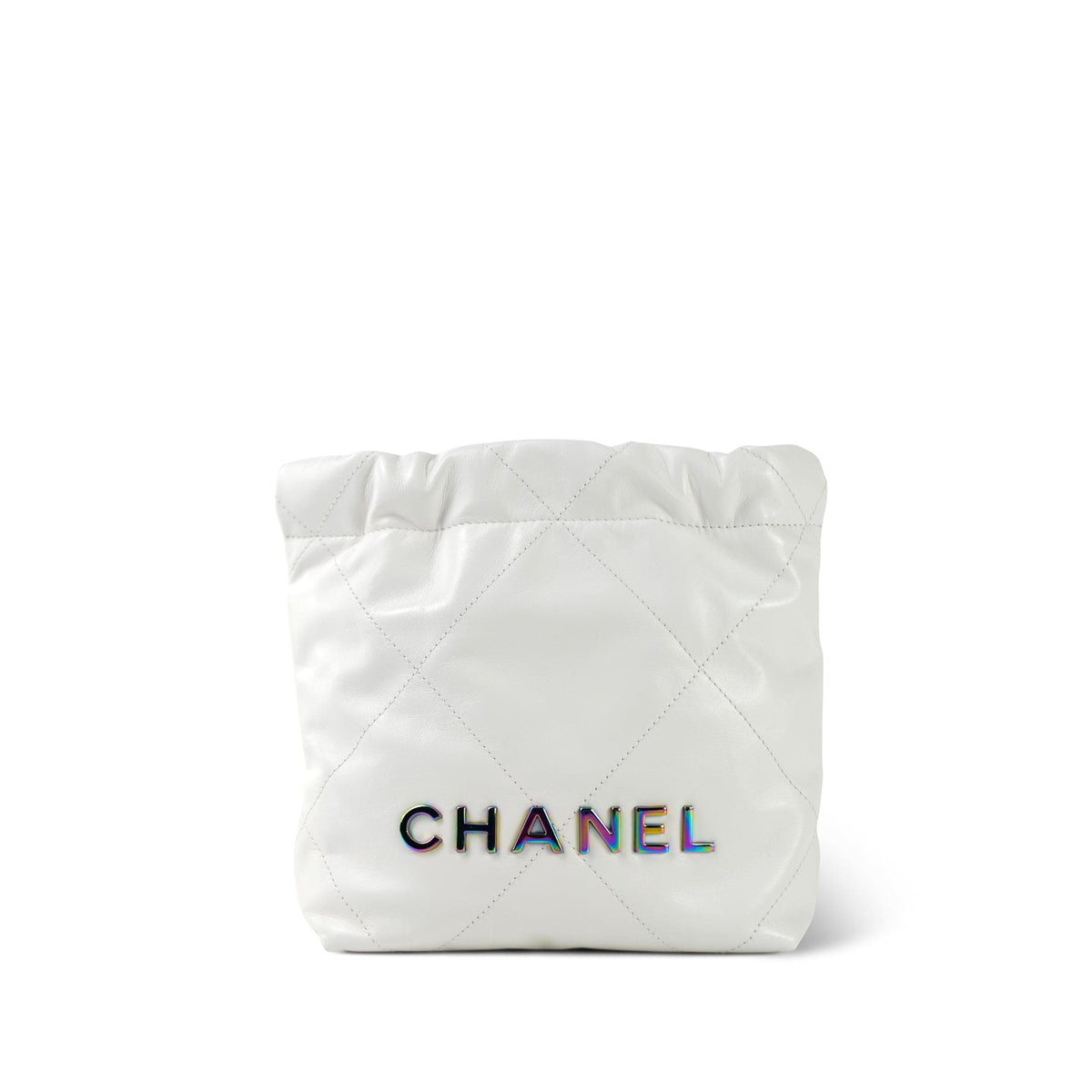 White Calfskin Quilted Mini 22 Bag Rainbow Hardware