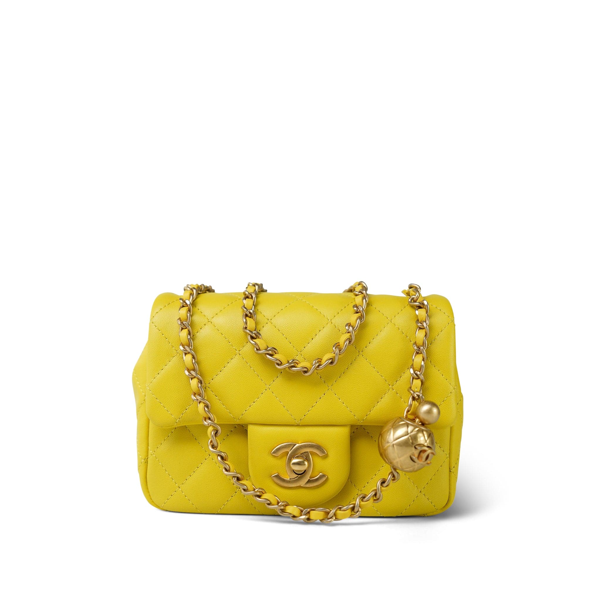 23C Yellow Lambskin Quilted Pearl Crush Mini Square Flap Aged Gold
