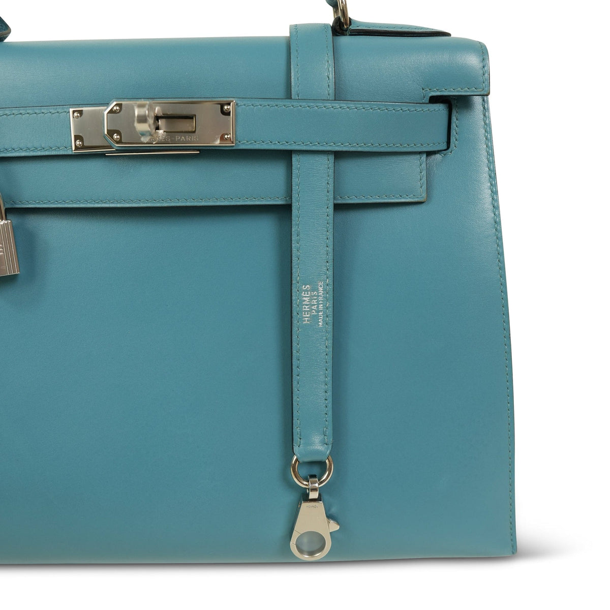 Kelly Sellier 28 Bleu Jean Box Calfskin Palladium Plated C Square Stamp