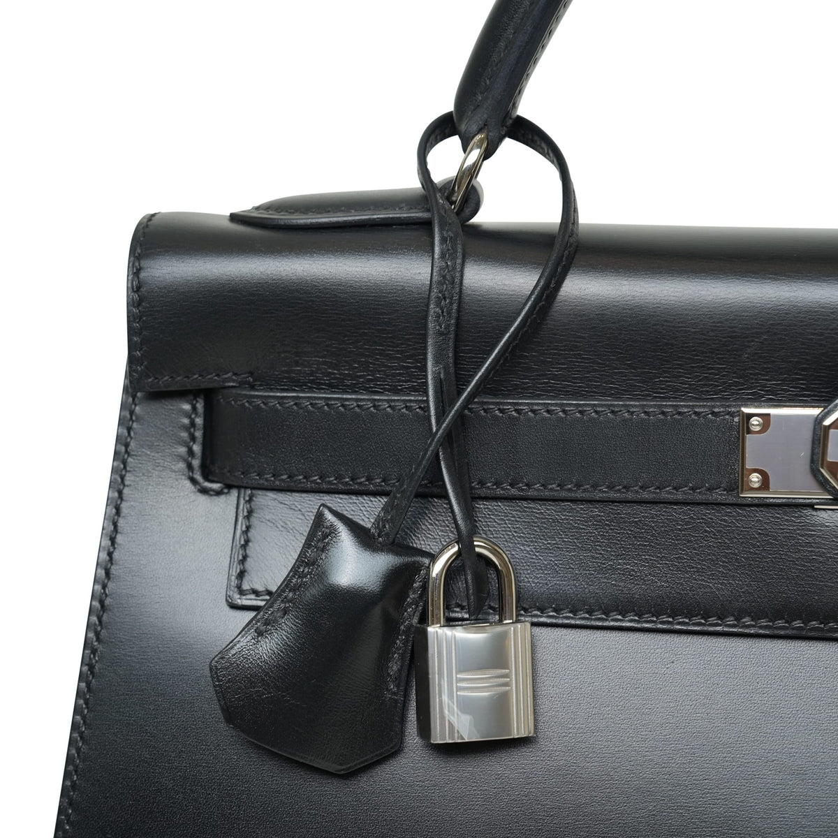 Kelly 32 Black Box Calfskin Palladium Plated C Square Stamp