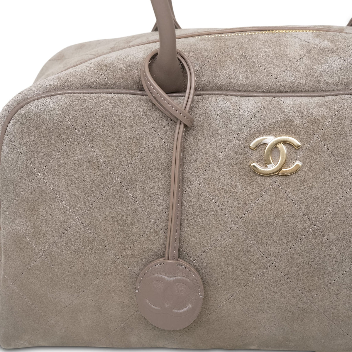 Grey Suede Quilted Bowling Bag Large Aged Gold Hardware
