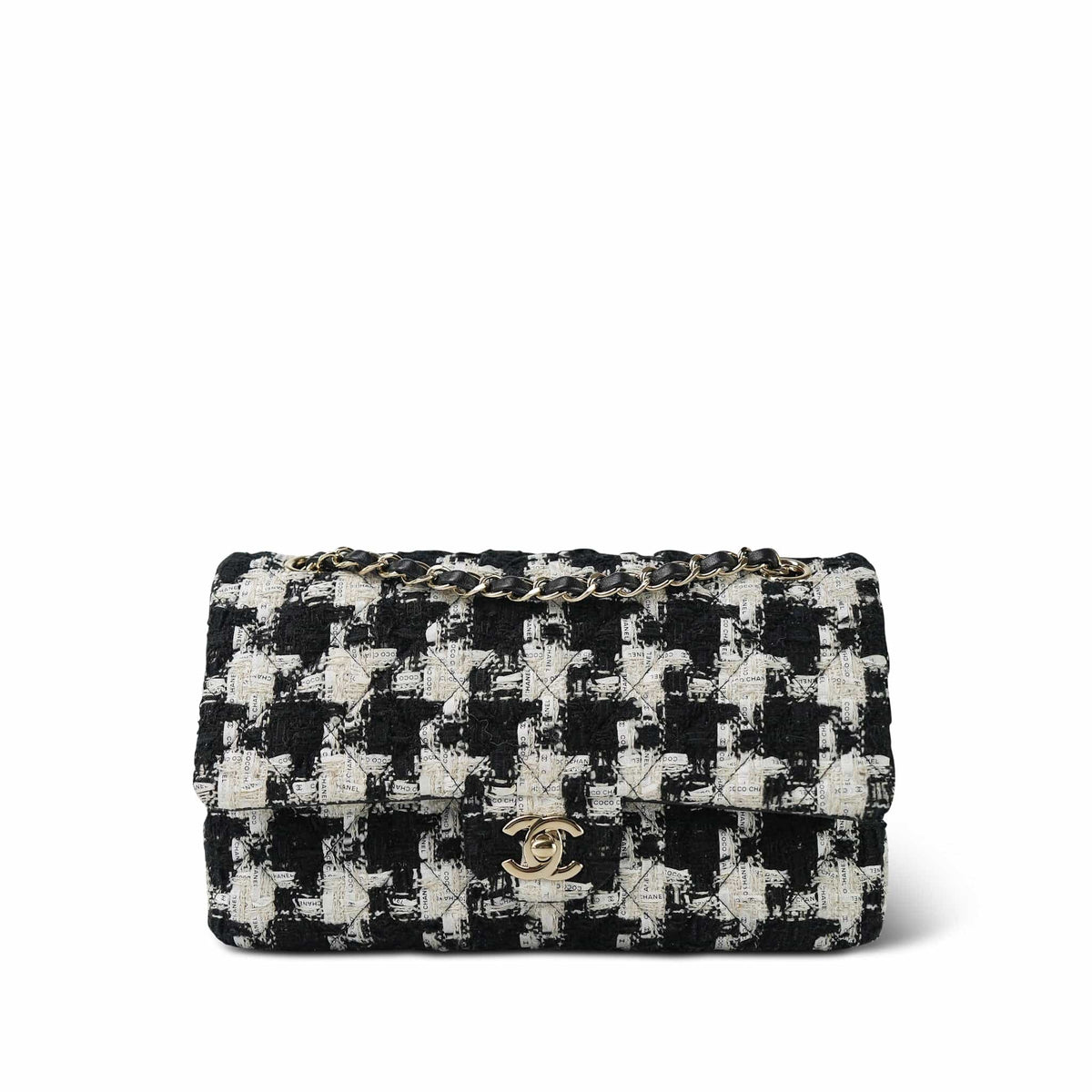 20S Black White Ecru Houndstooth Tweed Quilted Classic Flap Medium LGHW