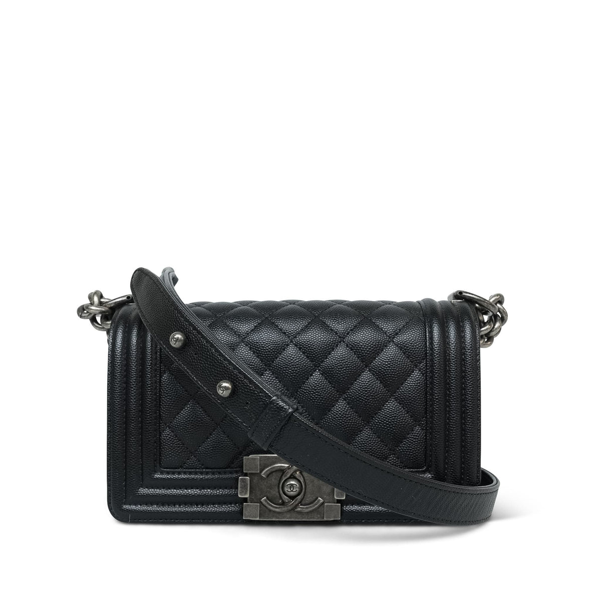 Black Caviar Quilted Boy Bag Small Ruthenium HW