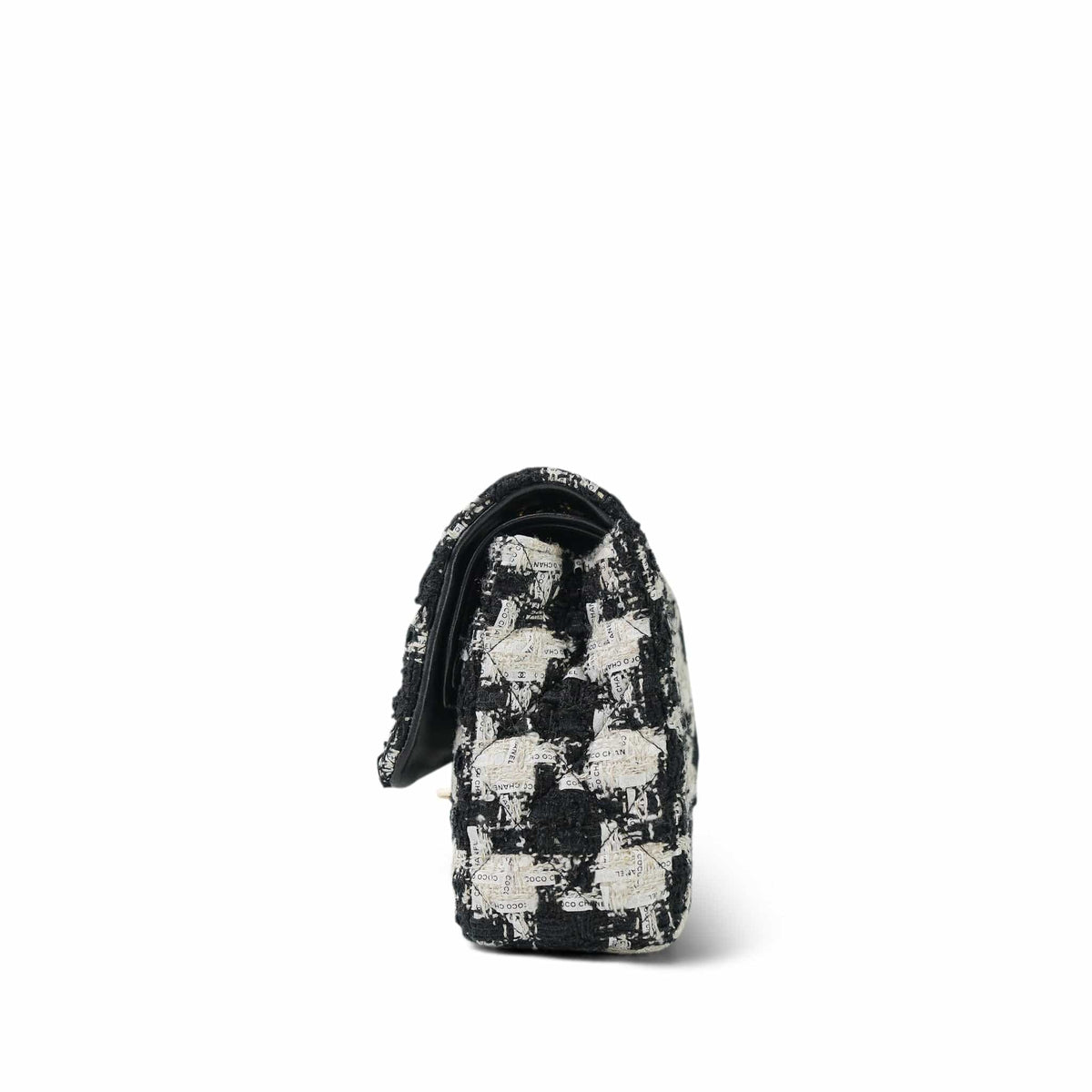 20S Black White Ecru Houndstooth Tweed Quilted Classic Flap Medium LGHW