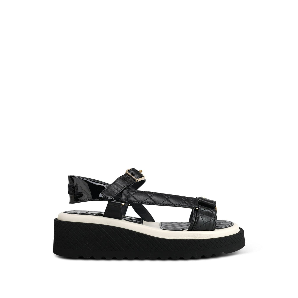 22P Black White Lambskin & Patent CC Platform Sandals Size 36.5
