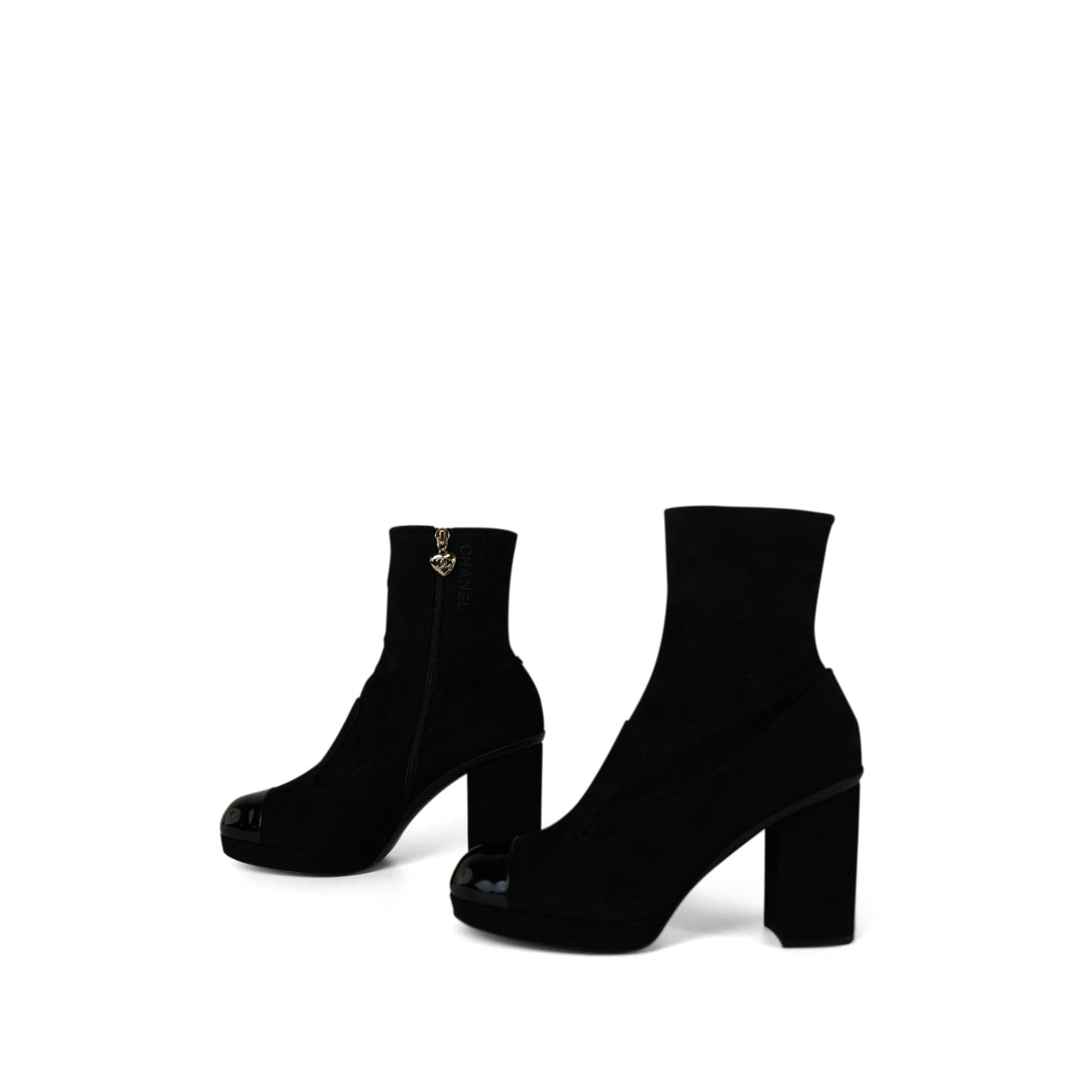 23B Black Suede/Patent Cap Toe Ankle Boots Gold Heart Zipper Size 41.5