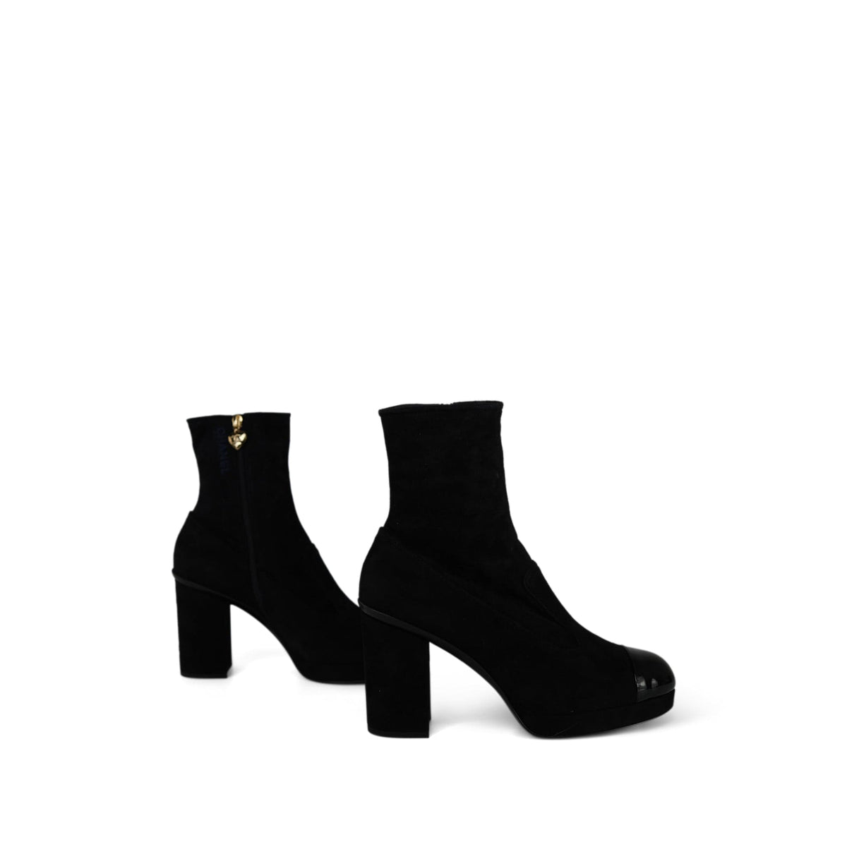 23B Black Suede/Patent Cap Toe Ankle Boots Gold Heart Zipper Size 41.5