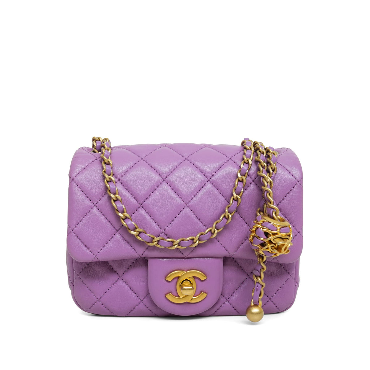 Purple Lambskin Quilted Pearl Crush Mini Square Flap AGHW