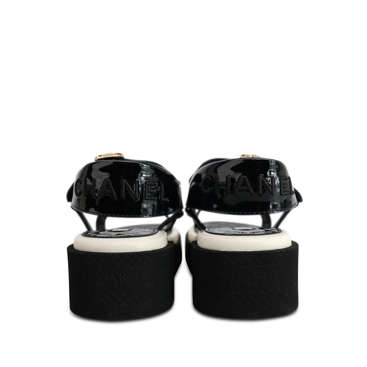 22P Black White Lambskin & Patent CC Platform Sandals Size 36.5