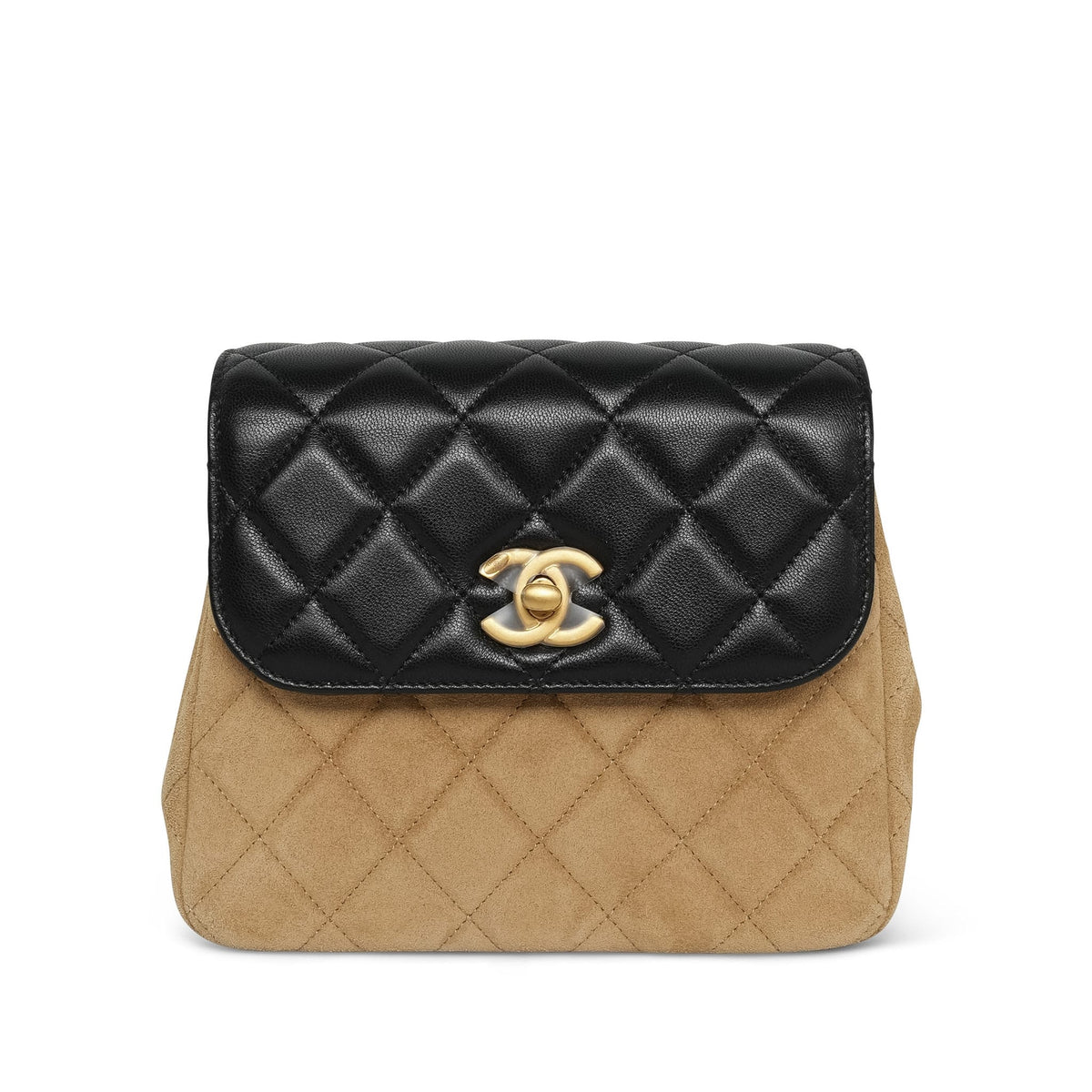 Beige Suede/ Black Lambskin Quilted Crossbody Flap Bag AGHW