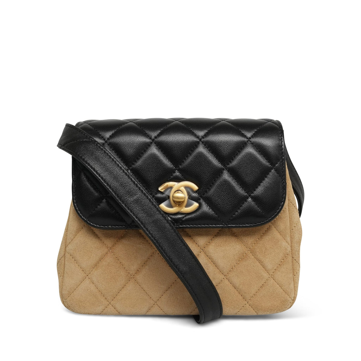 Beige Suede/ Black Lambskin Quilted Crossbody Flap Bag AGHW