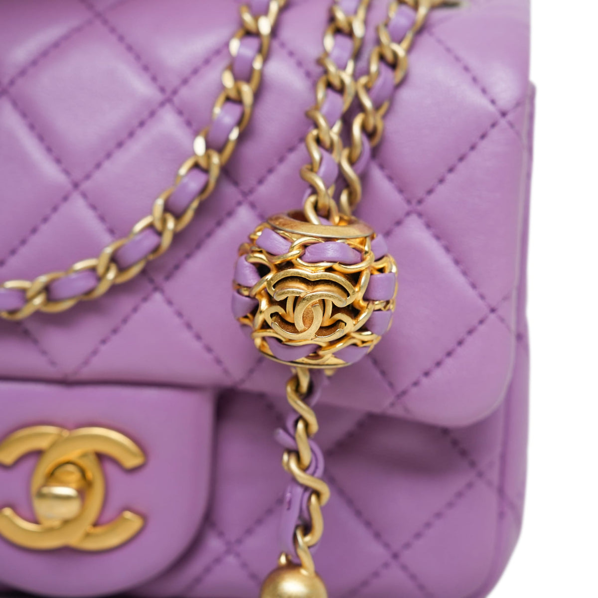 Purple Lambskin Quilted Pearl Crush Mini Square Flap AGHW