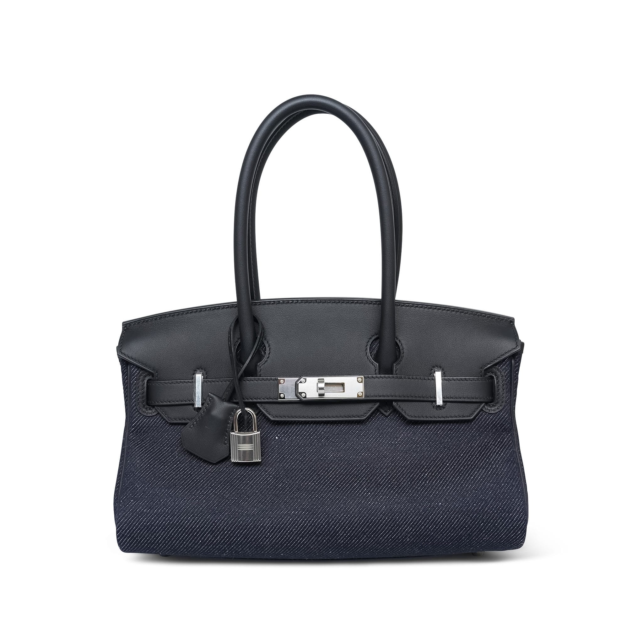 Product image 1 of 14: Shoulder Birkin 29 Bleu Indigo Jean Canvas/Noir Swift Palladium Plated K Stamp