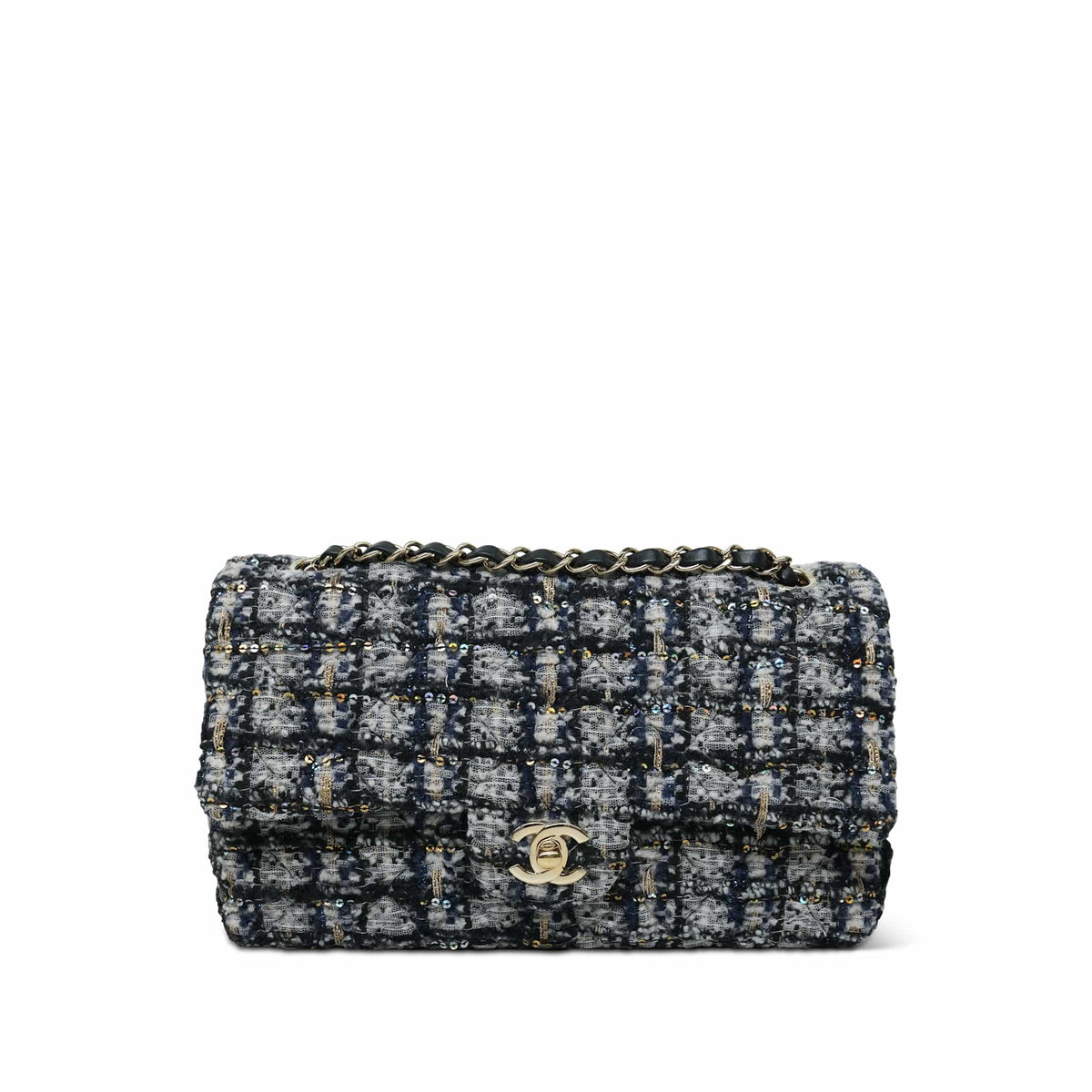 Navy/White Tweed Sequin Quilted Classic Flap Medium LGHW