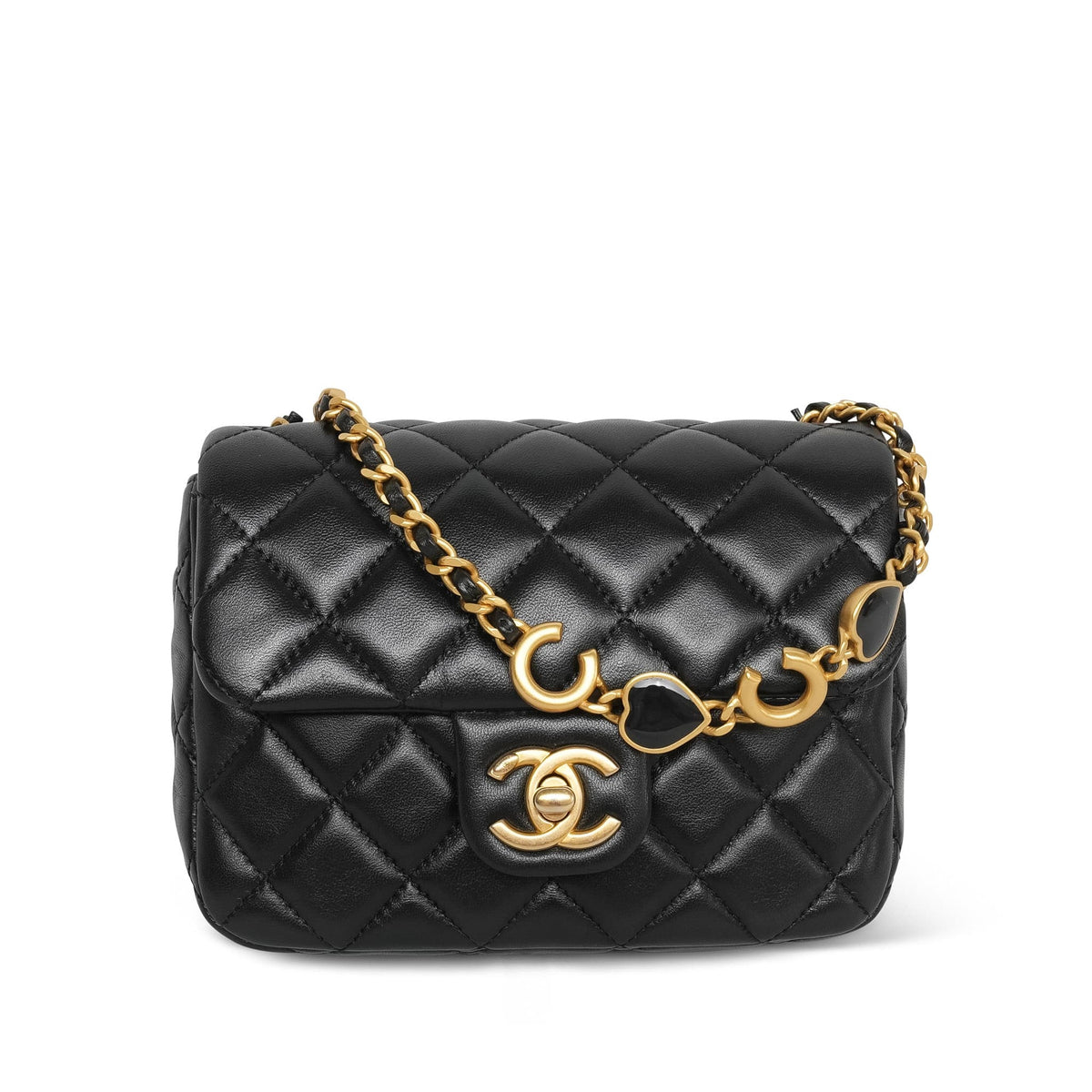 Black Lambskin Quilted Coco De Toi Heart Chain Mini Square Flap AGHW