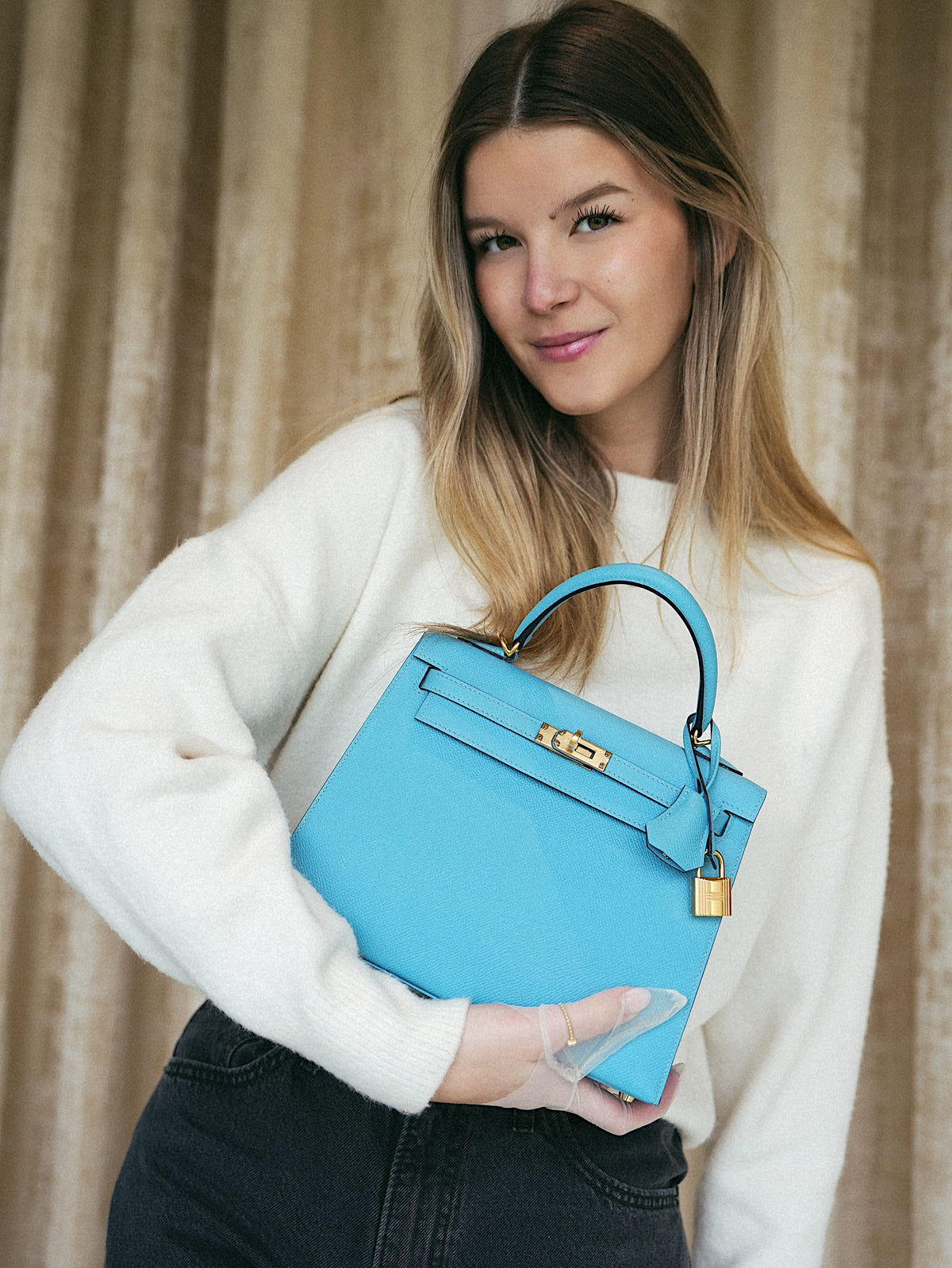 Kelly Sellier 25 Bleu Du Nord Epsom Gold Plated D Stamp