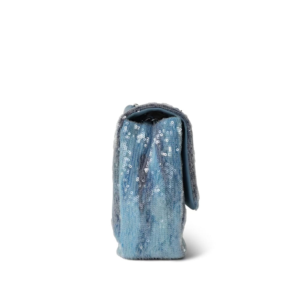 18S Blue Waterfall Sequin Jumbo Single Flap Bag Silver Hardware