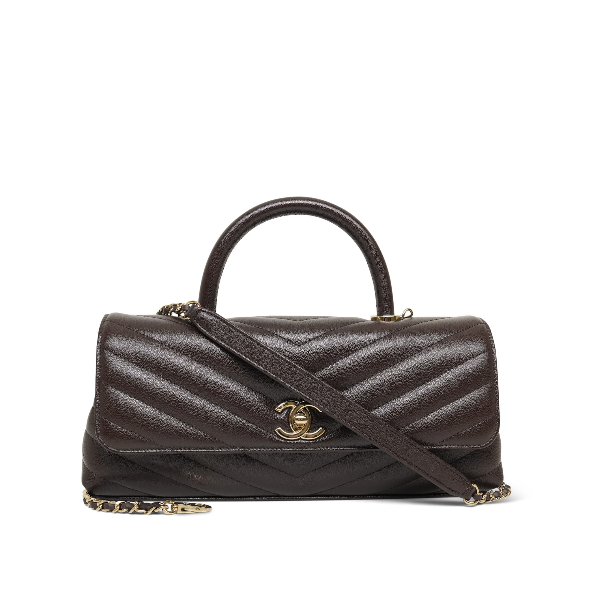26P Dark Brown Chevron Maxi East West Coco Handle Flap LGHW – REDELUXE