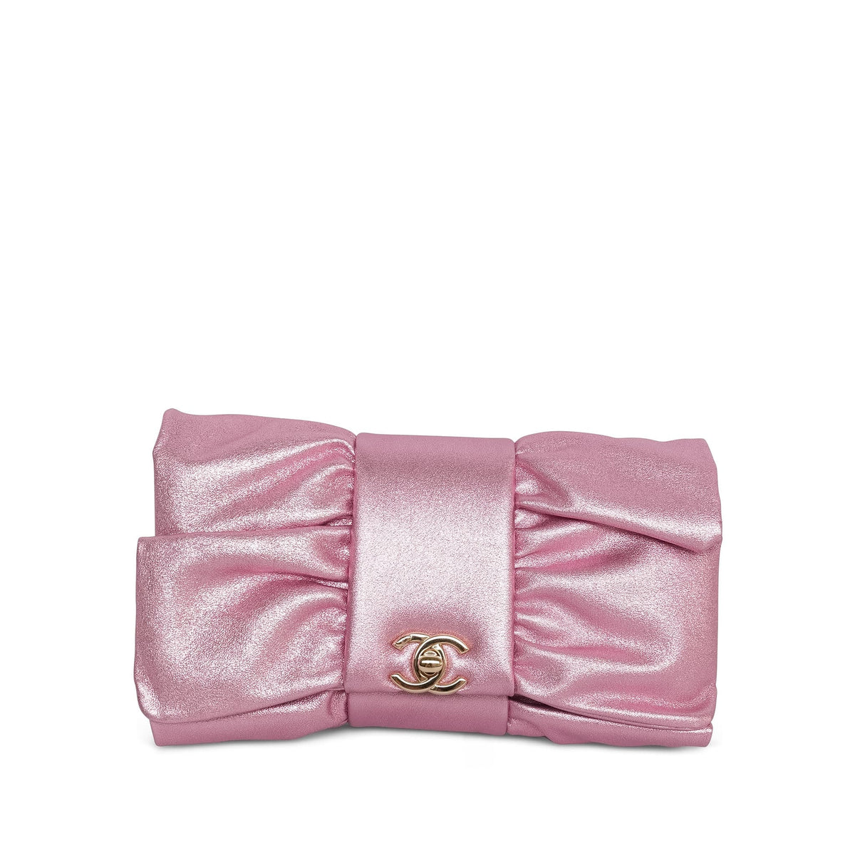 Pink Metallic Lambskin Tie My Bow Flap Clutch On Chain LGHW
