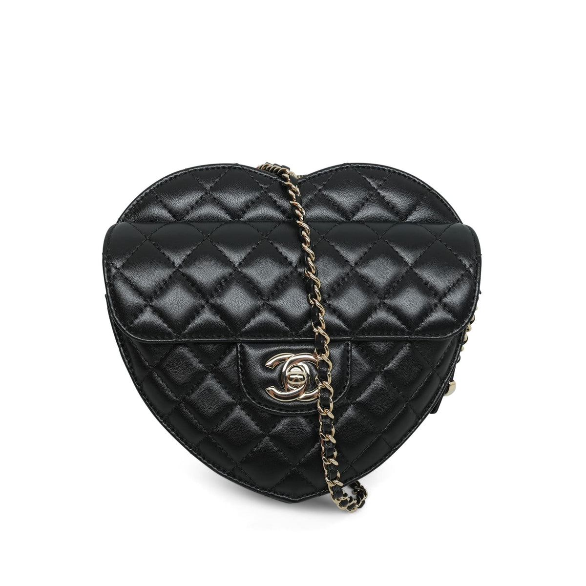 Black Lambskin Quilted Heart Bag Large Light Gold Hardware