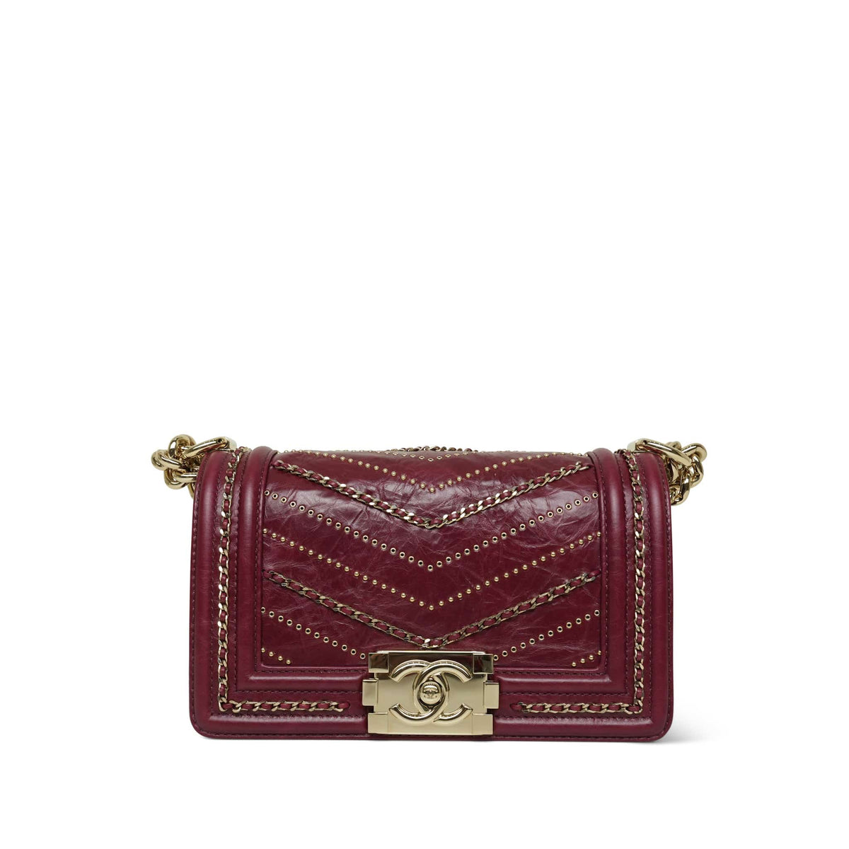 Red Crumpled Calfskin Chevron Embellished Chain Boy Bag Small LGHW