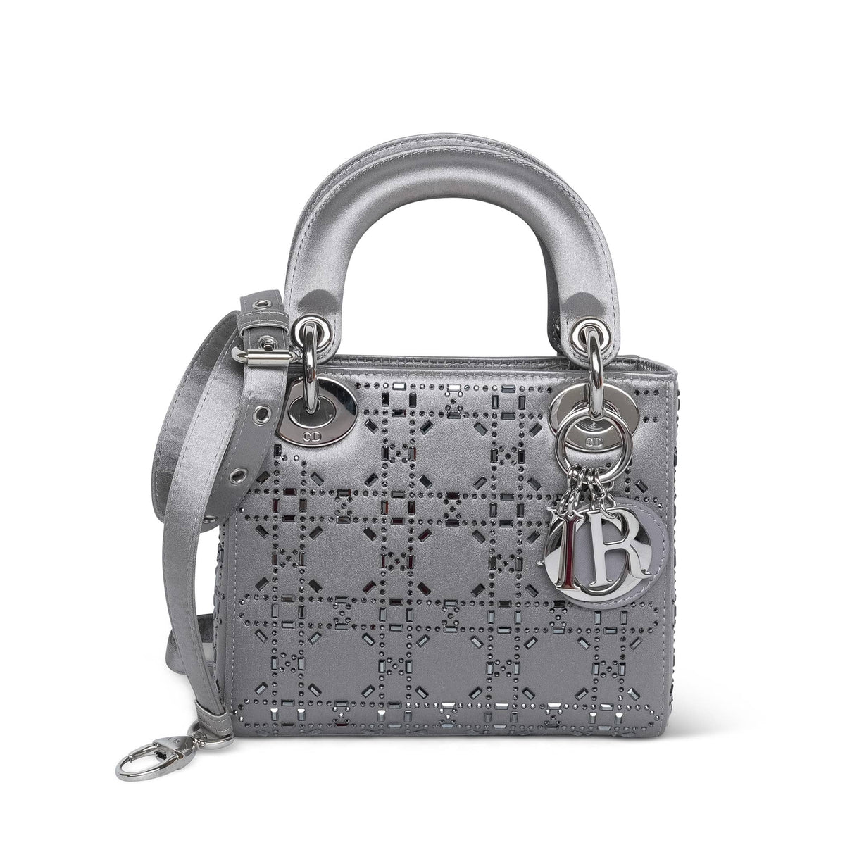 Dior Grey Satin Crystal Embellished Cannage Lady Dior Mini Silver Hardware