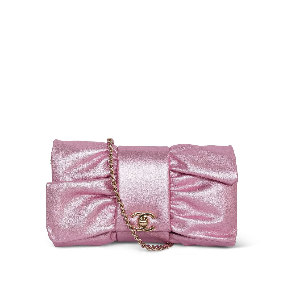 Pink Metallic Lambskin Tie My Bow Flap Clutch On Chain LGHW