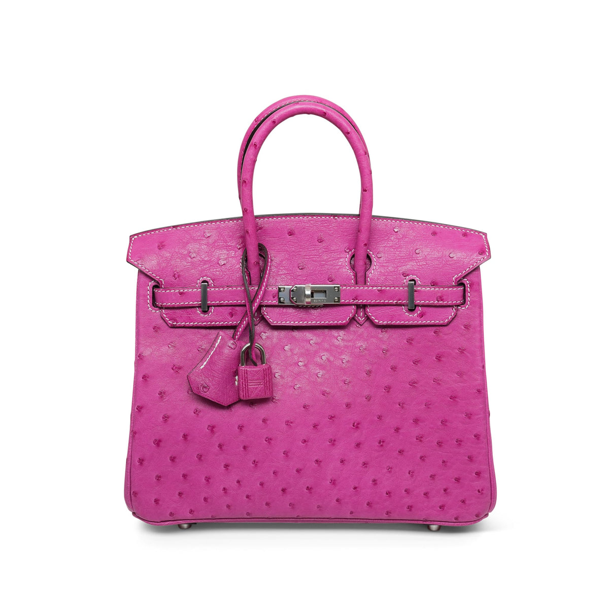 Birkin 25 Fuchsia Ostrich Palladium Plated I Square Stamp