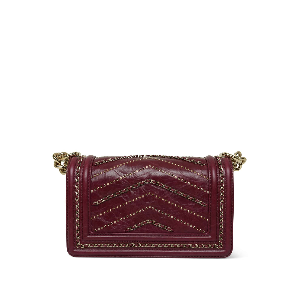 Red Crumpled Calfskin Chevron Embellished Chain Boy Bag Small LGHW