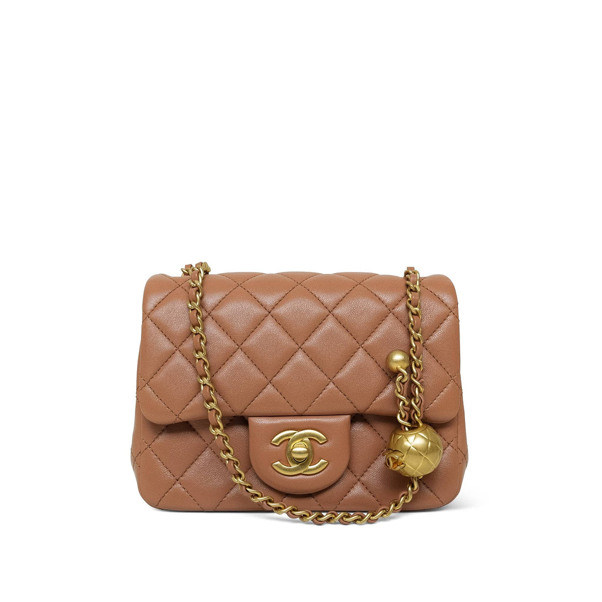 Caramel Lambskin Quilted Pearl Crush Mini Square Flap Aged Gold Hardware