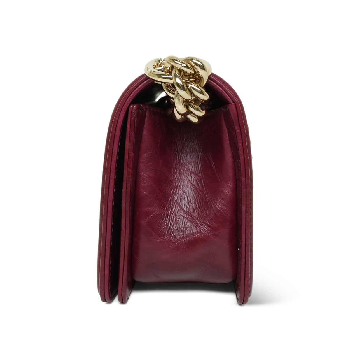Red Crumpled Calfskin Chevron Embellished Chain Boy Bag Small LGHW