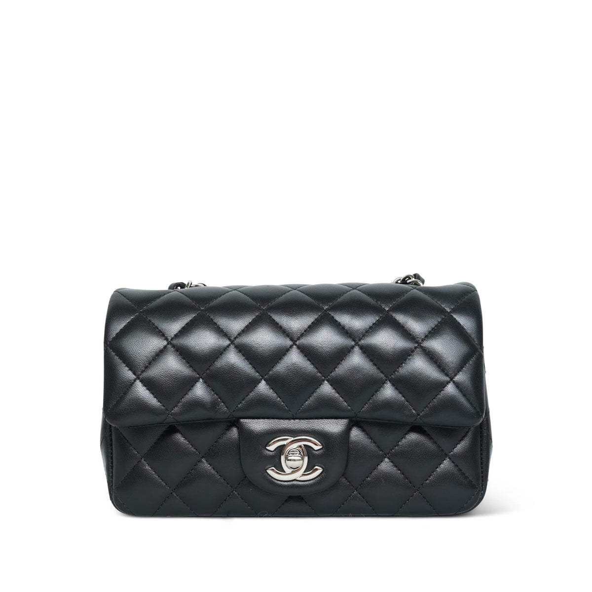 Black Lambskin Quilted Mini Rectangular Flap Silver Hardware