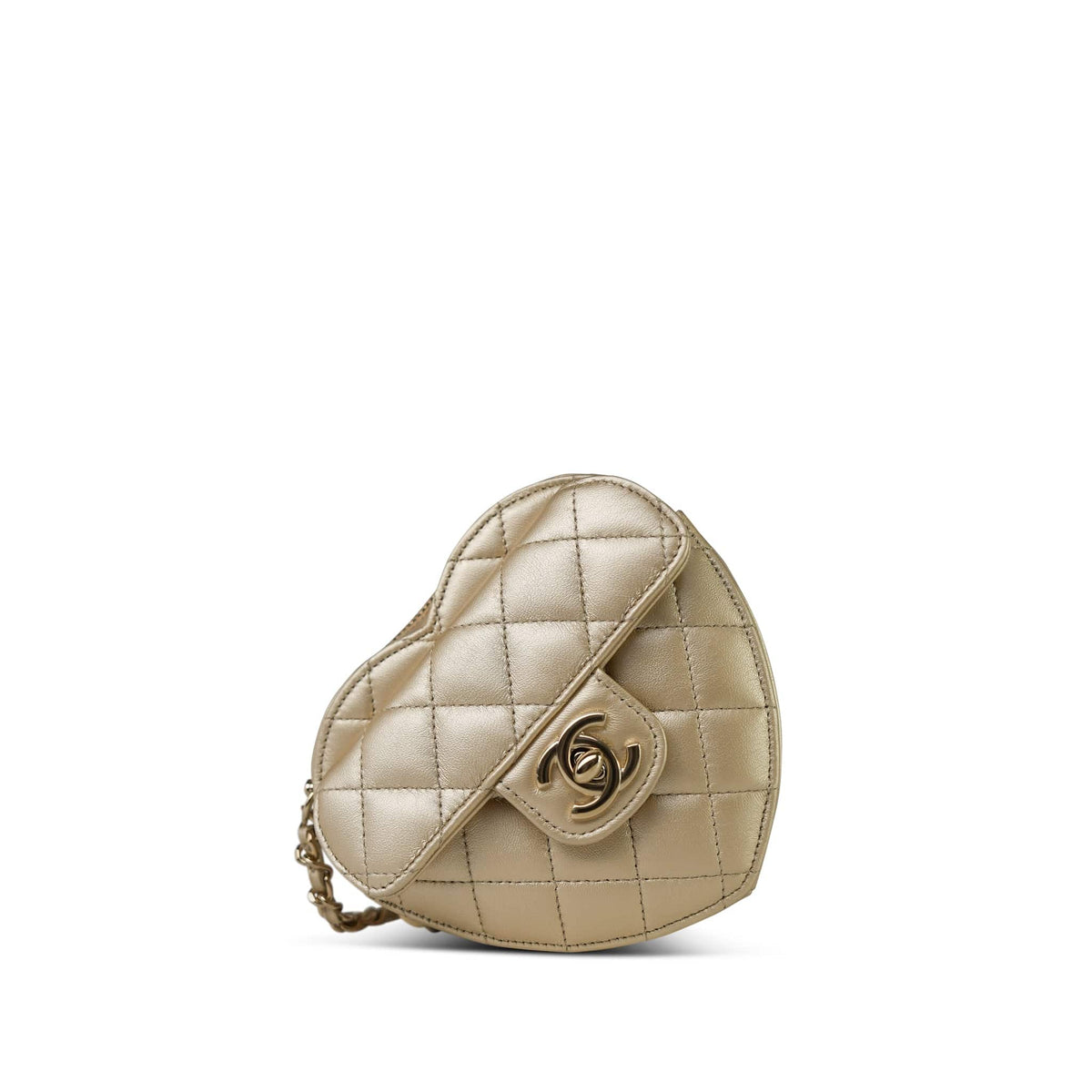 22S CC In Love Metallic Gold Lambskin Quilted Small (Clutch on Chain) Heart Bag Light Gold Hardware