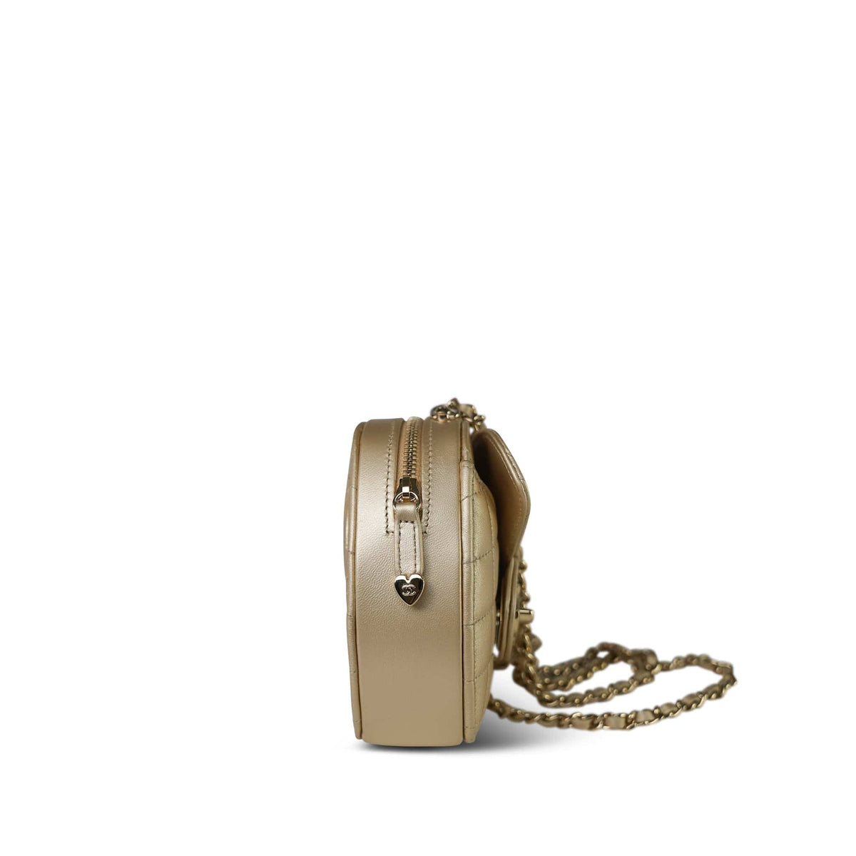 22S CC In Love Metallic Gold Lambskin Quilted Small (Clutch on Chain) Heart Bag Light Gold Hardware