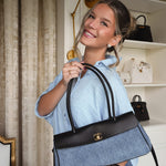 Product image 6 of 16: 26A Black Calfskin/ Denim Quilted Urban Essentials Shopping Bag Small Gold Hardware