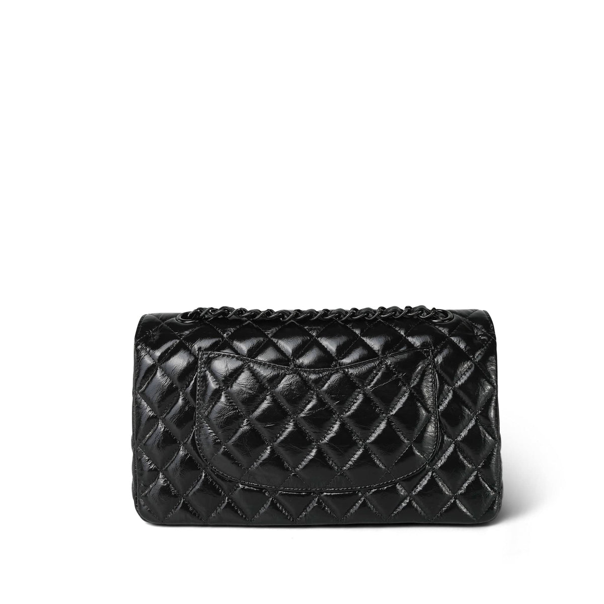 So Black Shiny Crumpled Calfskin Quilted Medium Classic Flap