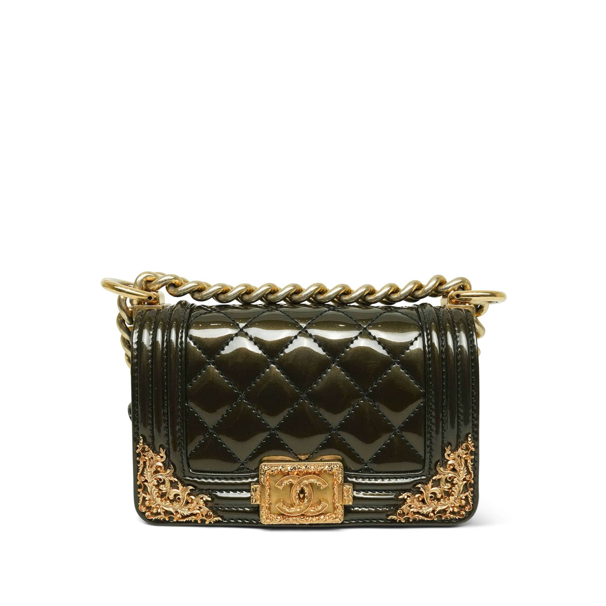 13C Dark Green Patent Quilted Versailles Boy Bag Mini AGHW