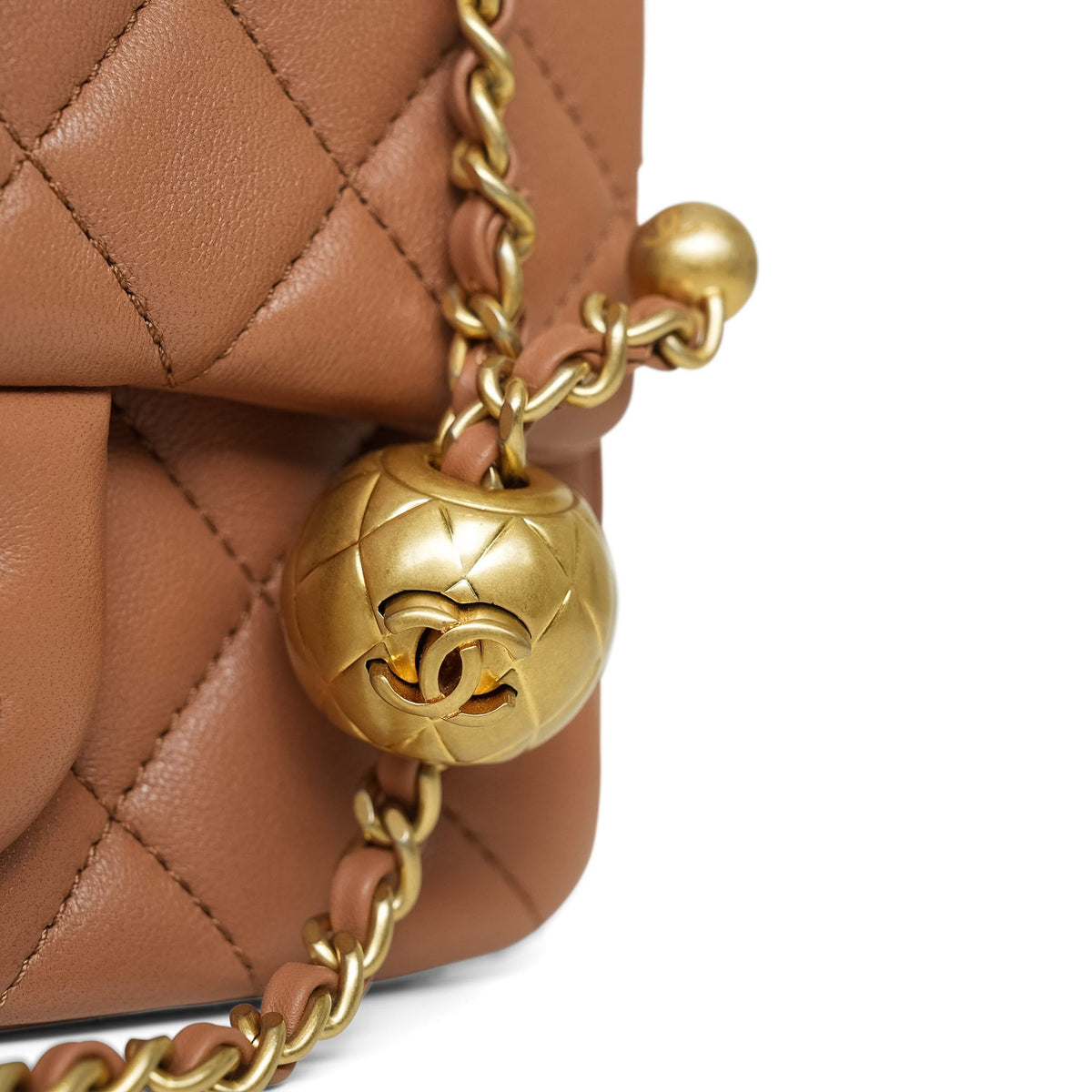 Caramel Lambskin Quilted Pearl Crush Mini Square Flap Aged Gold Hardware