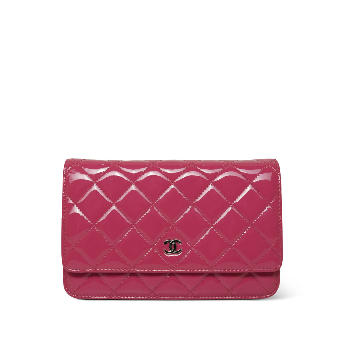 Dark Pink Patent Quilted Wallet On Chain WOC Light Gold Hardware