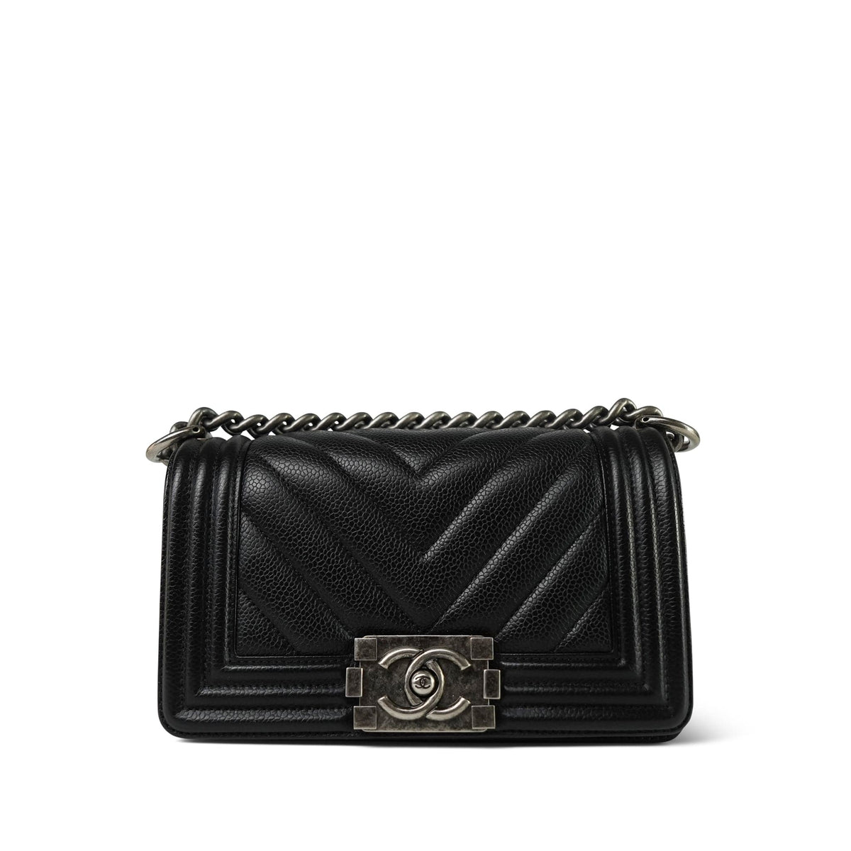 Black Caviar Chevron Quilted Boy Bag Small Ruthenium HW