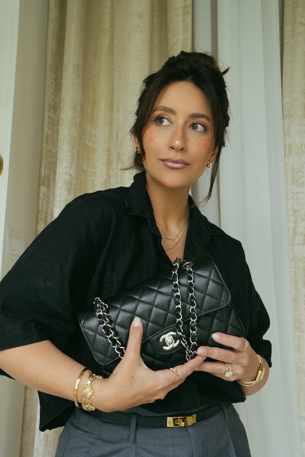 Black Caviar Quilted Double Flap Small SHW