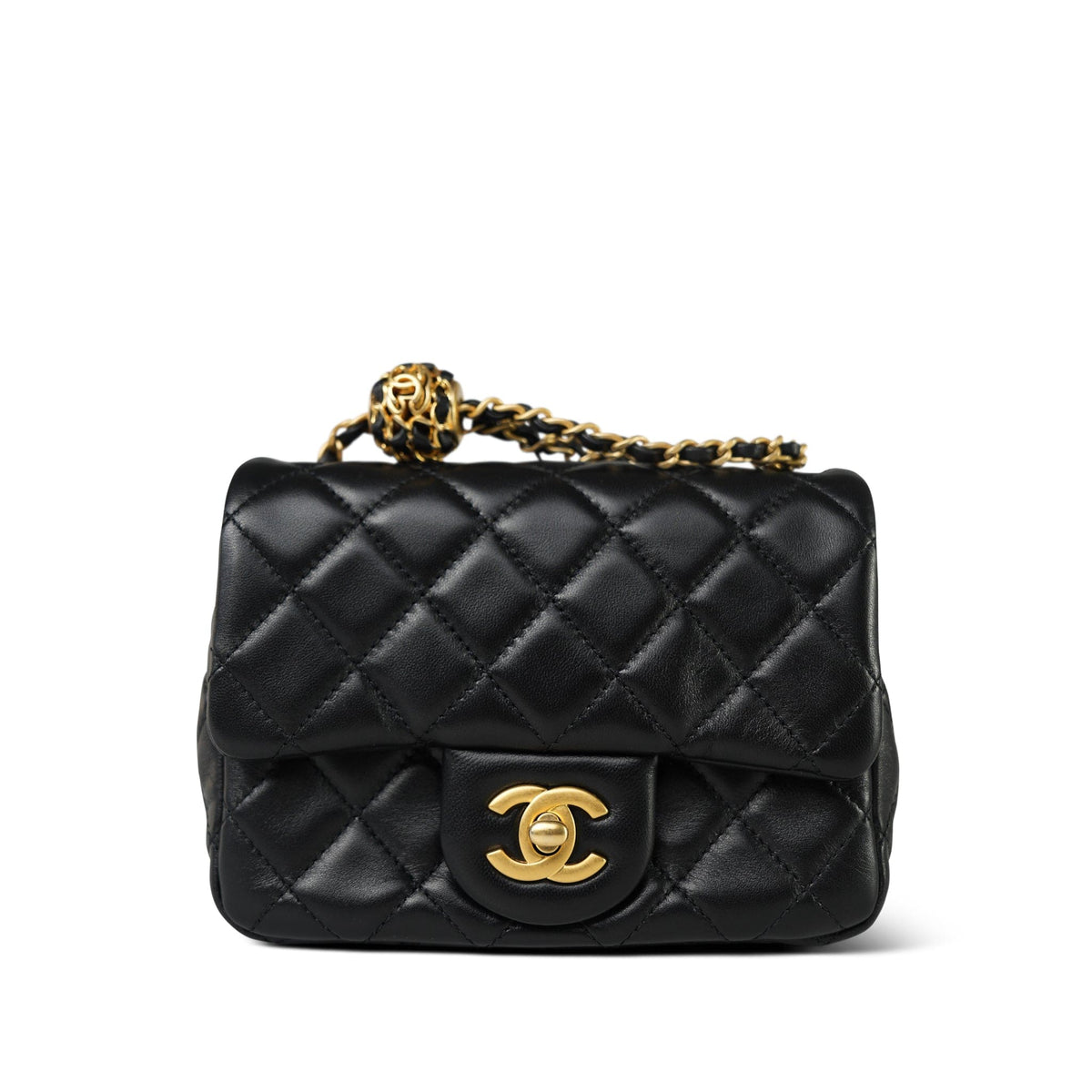 Black Lambskin Quilted Pearl Crush Mini Aged Gold Hardware