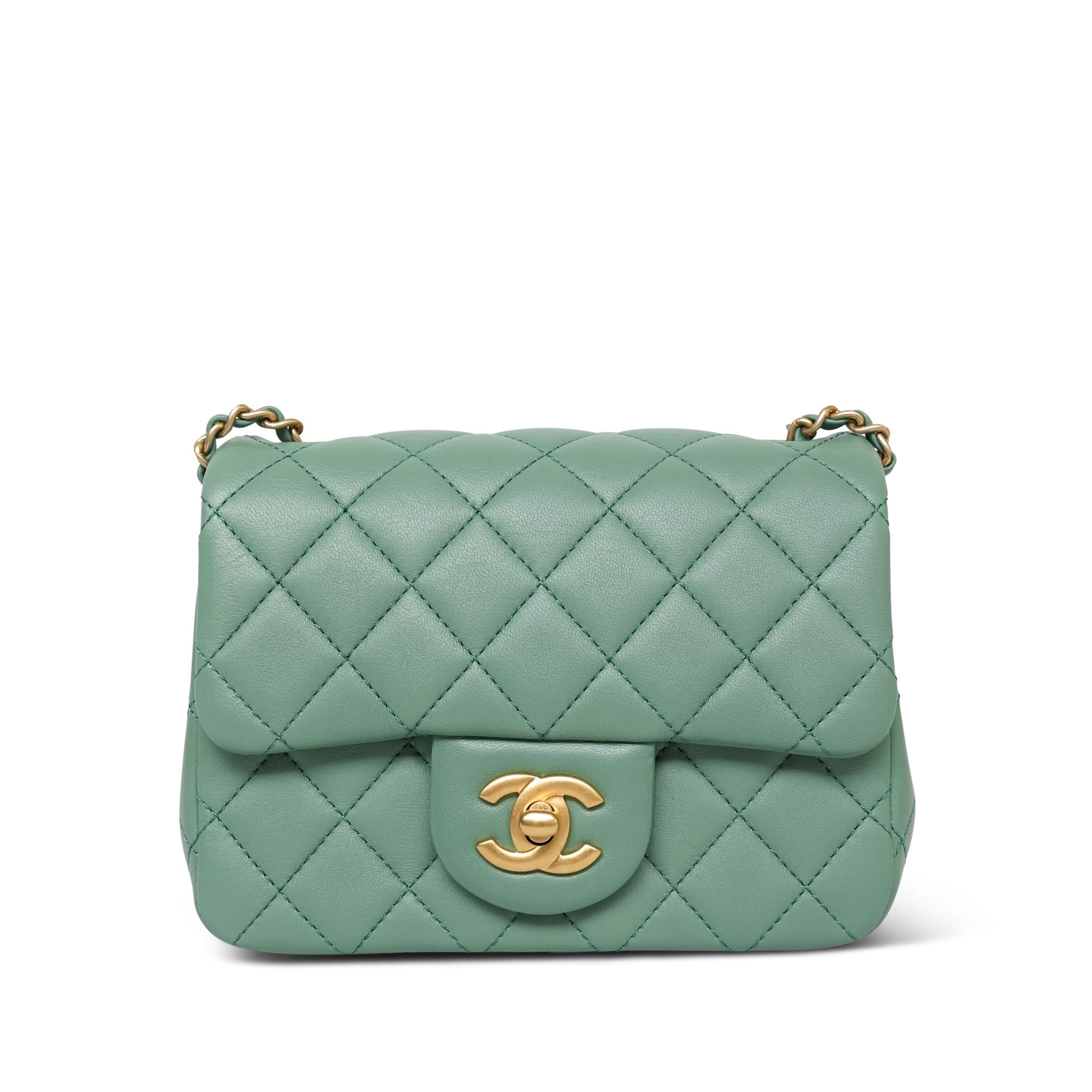 Product image 3 of 23: Green Lambskin Quilted Pearl Crush Mini Square Flap AGHW