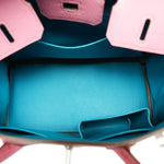 Product image 16 of 16: Birkin 25 Bi-Color Horseshoe (HSS) Rose Confetti/Turquoise Chevre Palladium Plated R Square Stamp
